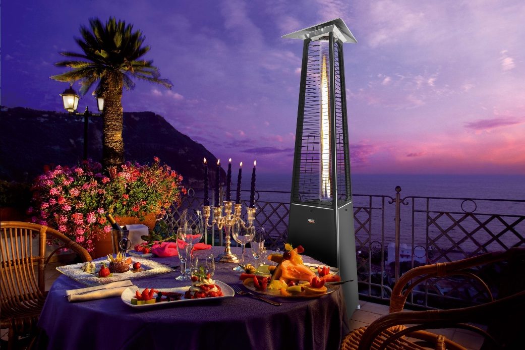 Restaurant patio tables at sunset with patio heaters
